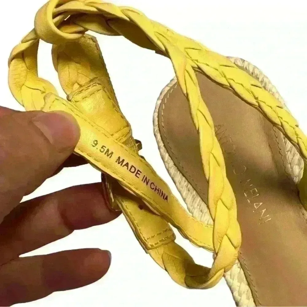 Antonio Melani Yellow Braided Leather Stacked Wedge Sandals 9.5